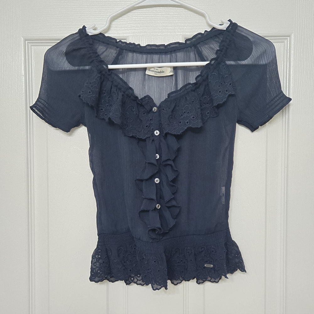 Abercrombie Kids Navy Blue Sheer Button Shirt Skeeve Blouse Off Shoukder Size S